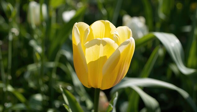 Growing Tulip Jaap Groot in yellow and white shades, perennial variety with a natural floral backdrop of summer and spring greenery