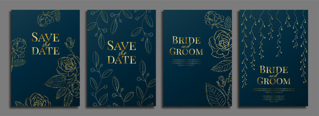 luxury wedding invitation design or greeting card template with golden roses on a navy blue background.