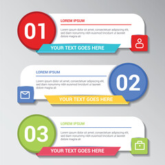 Three colorful numbered steps with icons and text boxes for presentation or infographic design elements