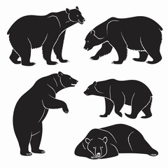 Collection of black bear silhouettes in various poses including standing walking and lying down against a white background