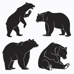 Collection of four black bear silhouettes in various poses including standing roaring walking and sitting on a white background
