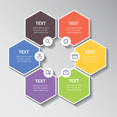 Colorful hexagonal infographic template with icons and text placeholders arranged in a circular flow