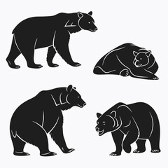 Collection of stylized black bear silhouettes in various poses including standing walking and resting on a white background
