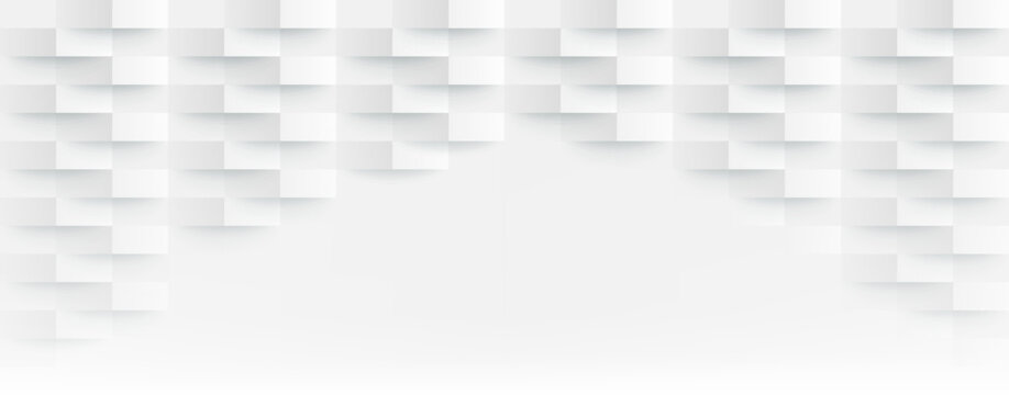 3D Futuristic white paper corners mosaic white background with copy space. Realistic geometric mesh rectangle texture. Abstract white vector wallpaper with hexagon grid.