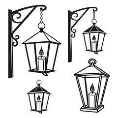 Collection of black and white silhouette illustrations of vintage hanging lanterns with lit candles on white background