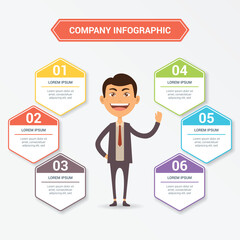 Business man presenting a colorful hexagonal infographic with six steps and icons for data visualization and presentation