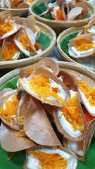 Thai Crispy Pancakes in Woven Baskets, Thai dessert, Thaifood.