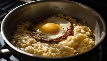 Sunny-side up egg being cooked in a skillet for morning meal