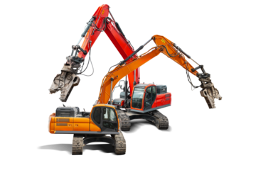 Two heavy excavators stand ready for work against an isolated background, demonstrating their powerful equipment for demolition work in construction.