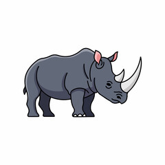Fototapeta premium Cartoon rhinoceros illustration with solid fill on clean white backdrop. Cartoon rhinoceros with grey skin, horns, and ears, isolated on seamless background.