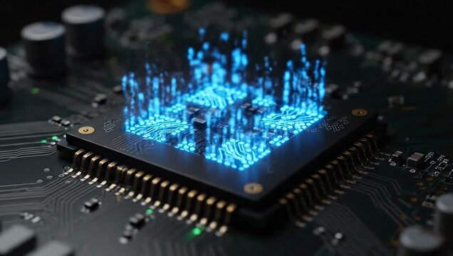 Close-up of a computer chip with blue glowing circuits on a dark motherboard with various components.