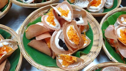Thai Crispy Pancakes in Woven Baskets, Thai dessert, Thaifood.