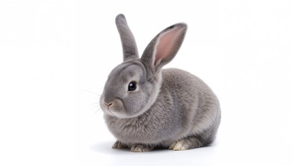 Fototapeta premium Adorable gray rabbit with extended ears resting on a white surface, isolated background.