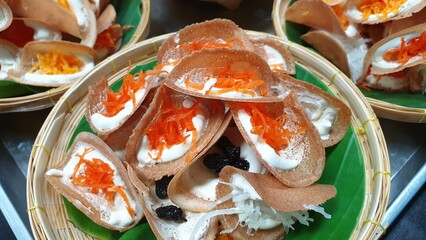 Thai Crispy Pancakes in Woven Baskets, Thai dessert, Thaifood.