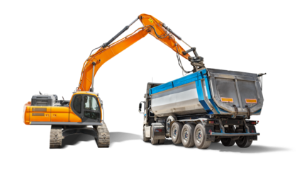 Heavy machinery works together as an excavator loads materials into a dump truck, showcasing industrial activity on an isolated background.
