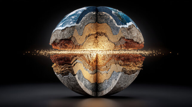 A detailed cross-section illustration of the Earth, revealing its core, mantle, and crust layers with labeled geological features. 3d illustration. on black background.