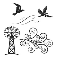 Silhouette of a vintage windmill and flying birds against a backdrop of swirling wind patterns and wavy lines