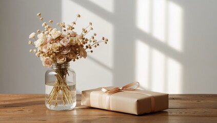A transparent container filled with dried flowers alongside a gift wrapped in paper, empty space included