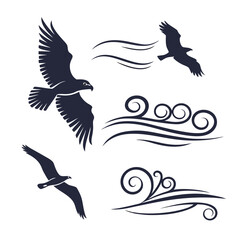 Collection of stylized eagle silhouettes in flight with decorative swirls and wind elements