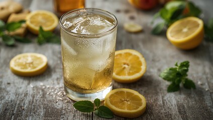 Fototapeta premium Refreshing ginger ale in a glass with ice and ingredients on a rustic wooden surface