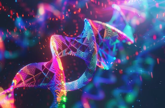 Colorful DNA Helix Strands Floating; Abstract Background. For science & tech concepts