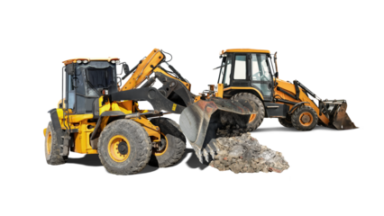 Against an isolated background, two powerful construction machines – wheel loaders – are seen actively engaged in demolition and clearing the area of debris.