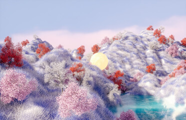 Abstract Autumn landscape scene with a moon. 3d rendering.