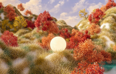 Abstract Autumn landscape scene with a moon. 3d rendering.
