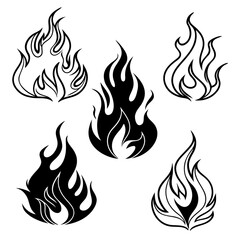Collection of stylized flame icons in black and white representing fire and heat in various graphic designs