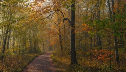 Fototapeta premium Verdant woodland showcasing autumn colors, a meandering trail, and sunlight shining through fog and foliage.