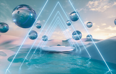 Futuristic winter landscape background with neon light and spheres. 3d rendering.