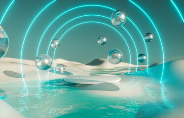Futuristic winter landscape background with neon light and spheres. 3d rendering.
