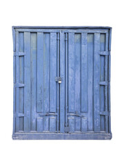 Blue steel container doors with padlock are isolated.