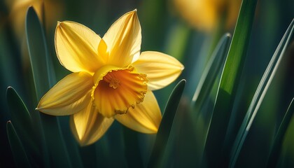 Obraz premium close up of a yellow daffodil amid green foliage