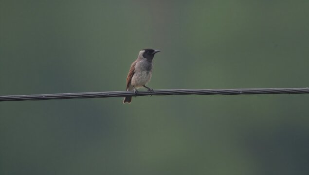 A Bulbul bird (Pycnonotus cafer) sitting on a power line, attentively searching its surroundings.