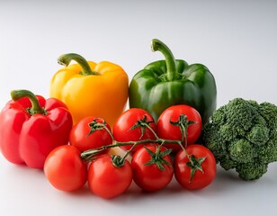 colorful peppers and tomatoes on a white backdrop
