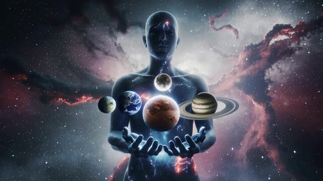 Silueta cósmica textura de nebulosa y polvo estelar sosteniendo planetas en la palma de sus manos