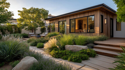 Obraz premium Contemporary Wooden Home & Landscaping: A modern wooden house with large windows overlooks meticulously designed landscaping, creating a seamless blend of indoor and outdoor living, a serene escape.