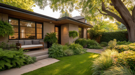 Naklejka premium Serene Suburban Residence: Capturing the beauty of modern architecture surrounded by lush landscaping, inviting a sense of tranquility and comfortable living.