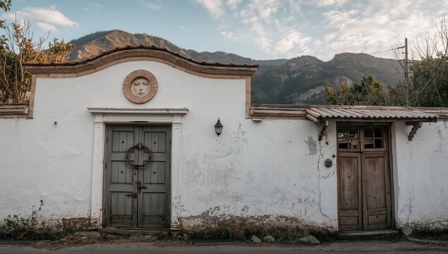 Old circular doorbell on white wall with mountain backdrop and Asian architecture