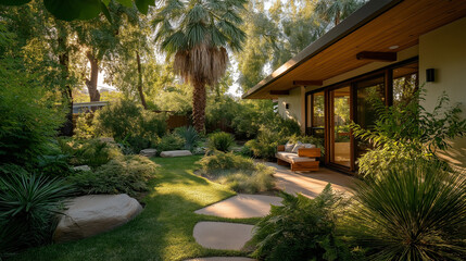 Fototapeta premium Palm Springs Oasis: A sun-drenched vista of a stunning modern home, embraced by a lush, thriving garden of tropical flora. A scene that evokes a sense of tranquility and refined living.