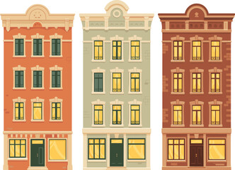 Fototapeta premium Colorful cartoon illustration of three European style apartment buildings with classic facades and glowing windows on a white background