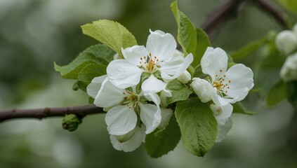 Close-up of fresh white apple tree flowers and vibrant green foliage in spring, representing growth and elegance.