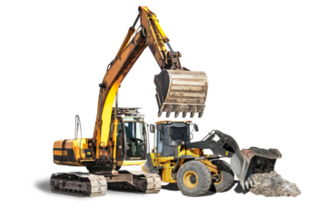 Heavy machinery is positioned on an isolated work site, prepared for rent contract tasks. Equipment includes an excavator and a loader, ready for action.