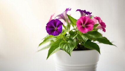 Fototapeta premium Vibrant potted petunia blossoms with green leaves against a clear backdrop