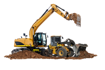 Heavy machinery is actively engaged in earth moving at a construction site, with an excavator digging and a loader transporting materials.