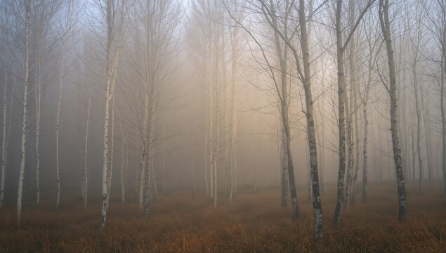 Stunning autumn landscape featuring birch trees shrouded in mist