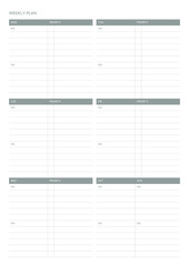 A weekly plan design template in a modern, simple, and minimalist style. Note, scheduler, diary, calendar, planner document template illustration.