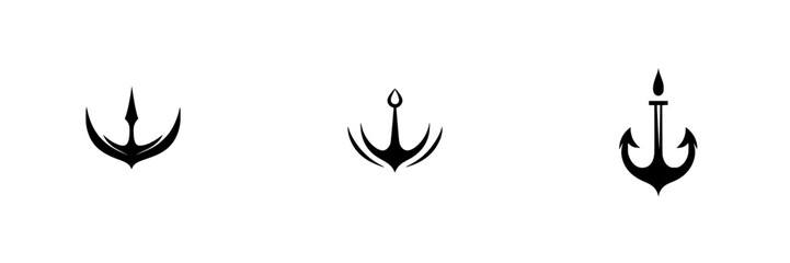 Obraz premium Different styles of nautical anchors displayed in black silhouette on white background, showcasing varied designs and shapes
