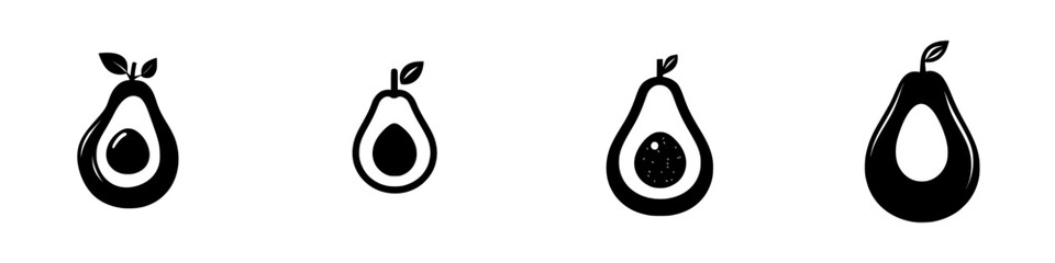 Illustration of avocados in different stages from whole to halved, showcasing their structure and seed placement